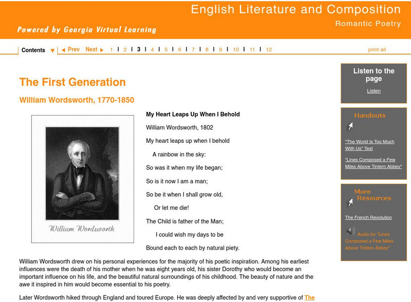 Ga Virtual Learning: Romantic Poetry: The First Generation: William Wordsworth Unit Plan Ga Virtual Learning: Romantic Poetry: The First Generation: William Wordsworth Unit Plan