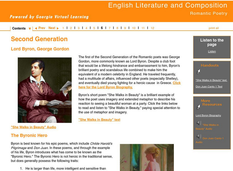 Ga Virtual Learning:romantic Poetry:second Generation: Lord Byron, George Gordon Unit Plan Ga Virtual Learning:romantic Poetry:second Generation: Lord Byron, George Gordon Unit Plan