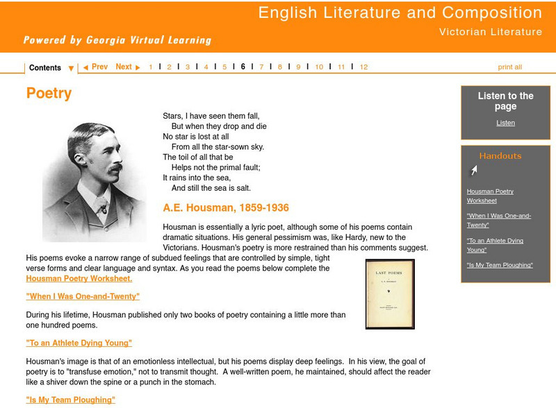 Ga Virtual Learning: Victorian Literature: Poetry: a.e. Housman, 1859 1936 Unit Plan Ga Virtual Learning: Victorian Literature: Poetry: a.e. Housman, 1859 1936 Unit Plan
