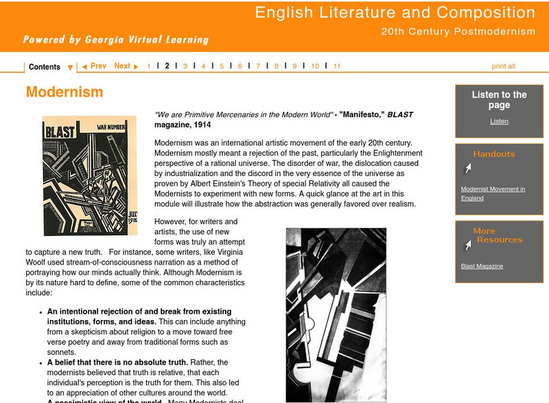 Ga Virtual Learning: Brit Lit: 20th Century Postmodernism: Modernism Unit Plan Ga Virtual Learning: Brit Lit: 20th Century Postmodernism: Modernism Unit Plan