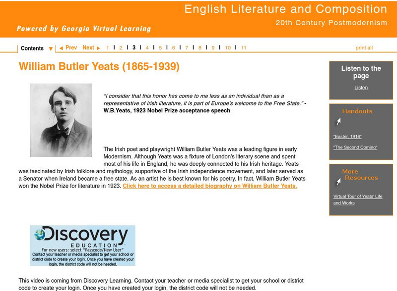 Ga Virtual Learning: Brit Lit: 20th Century Postmodernism: William Butler Yeats Unit Plan Ga Virtual Learning: Brit Lit: 20th Century Postmodernism: William Butler Yeats Unit Plan