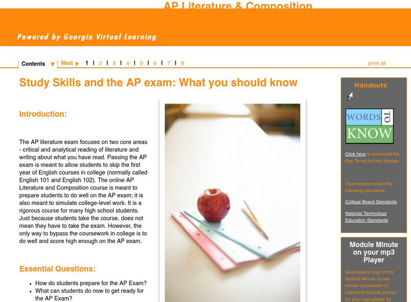 Ga Virtual Learning: Ap Lit: Study Skills and the Ap Exam: What You Should Know Unit Plan Ga Virtual Learning: Ap Lit: Study Skills and the Ap Exam: What You Should Know Unit Plan