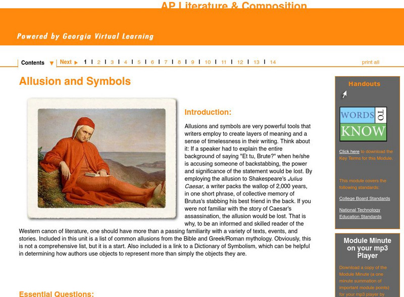 Ga Virtual Learning: Ap Literature & Composition: Allusion and Symbols Unit Plan Ga Virtual Learning: Ap Literature & Composition: Allusion and Symbols Unit Plan