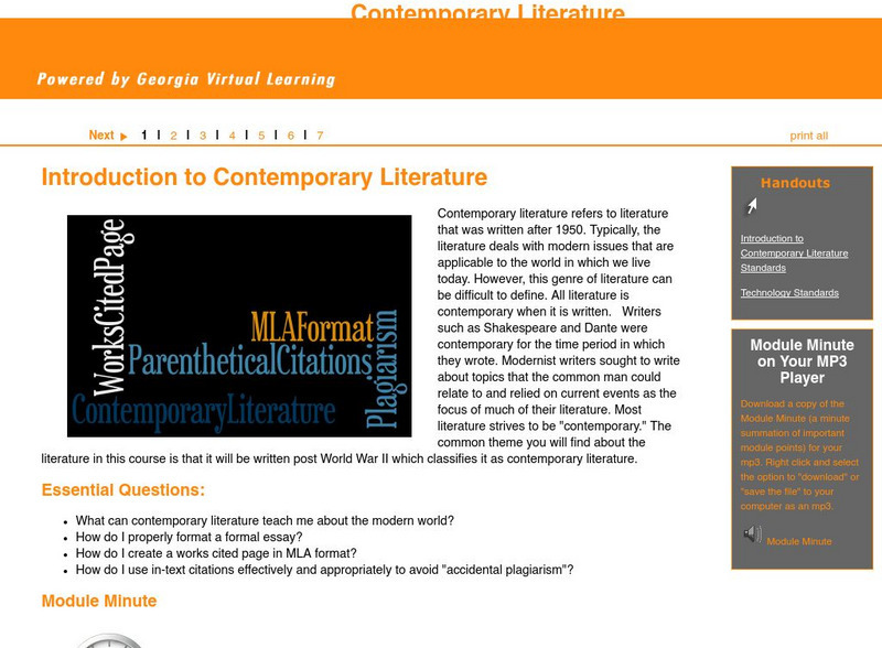 Ga Virtual Learning: Course Overview: Introduction to Contemporary Literature Unit Plan Ga Virtual Learning: Course Overview: Introduction to Contemporary Literature Unit Plan