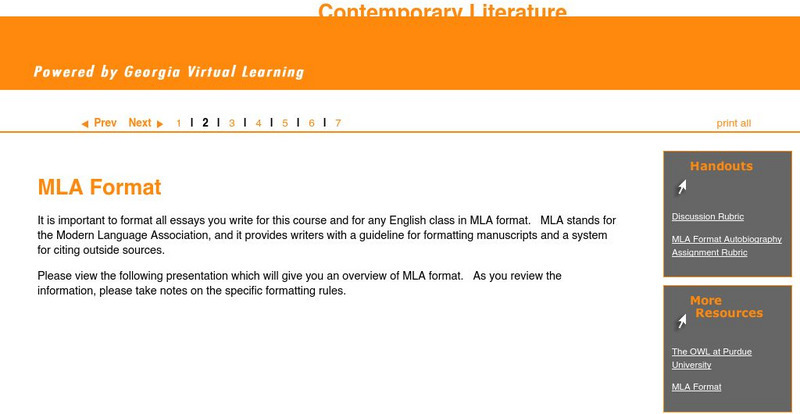 Ga Virtual Learning: Contemporary Literature Course Overview: Mla Format Unit Plan Ga Virtual Learning: Contemporary Literature Course Overview: Mla Format Unit Plan