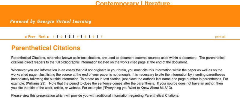 Ga Virtual Learning: Contemporary Lit Course Overview: Parenthetical Citations Unit Plan Ga Virtual Learning: Contemporary Lit Course Overview: Parenthetical Citations Unit Plan