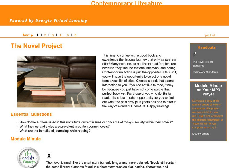Ga Virtual Learning: Contemporary Literature: The Novel Project Unit Plan Ga Virtual Learning: Contemporary Literature: The Novel Project Unit Plan