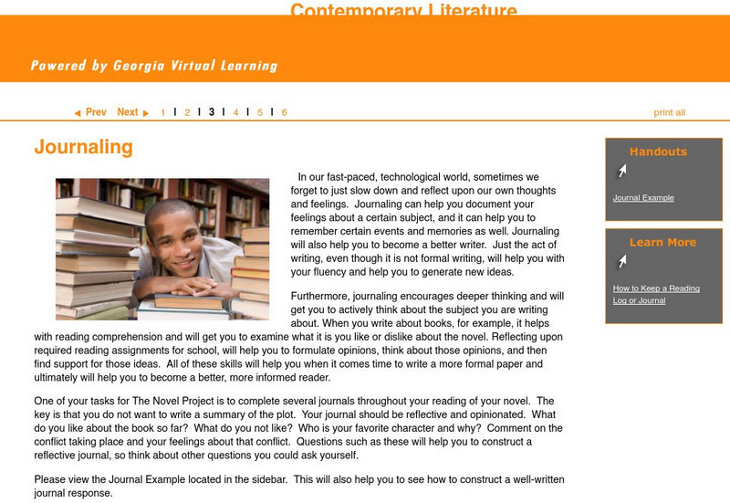 Ga Virtual Learning: Contempory Literature: The Novel Project: Journaling Unit Plan Ga Virtual Learning: Contempory Literature: The Novel Project: Journaling Unit Plan