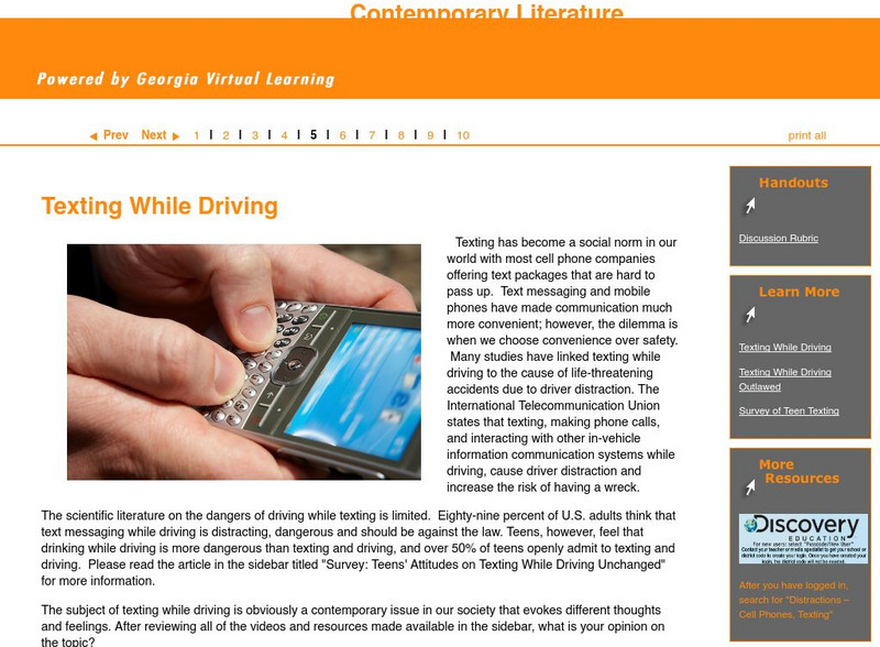 Ga Virtual Learning: Contemporary Issues: Texting While Driving Unit Plan Ga Virtual Learning: Contemporary Issues: Texting While Driving Unit Plan