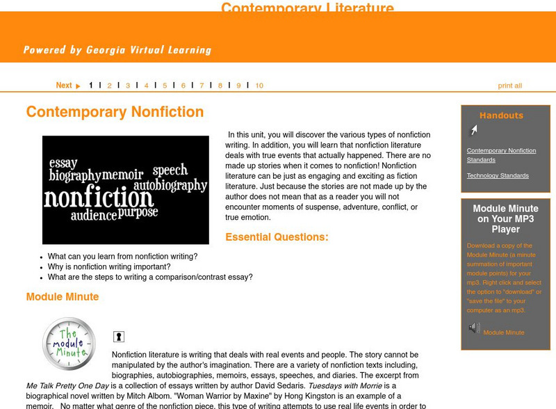 Ga Virtual Learning: Contemporary Literature: Contemporary Nonfiction Unit Plan Ga Virtual Learning: Contemporary Literature: Contemporary Nonfiction Unit Plan