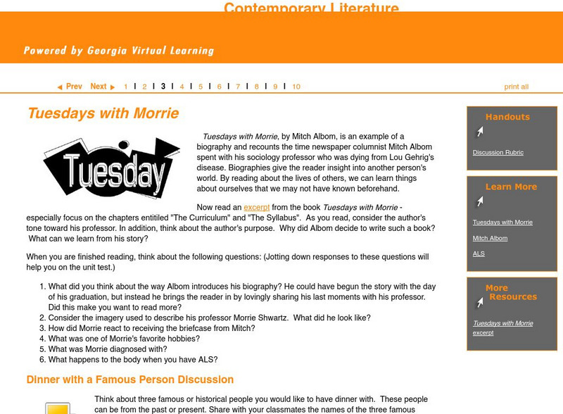 Ga Virtual Learning: Contemporary Nonfiction: Tuesdays With Morrie Unit Plan Ga Virtual Learning: Contemporary Nonfiction: Tuesdays With Morrie Unit Plan