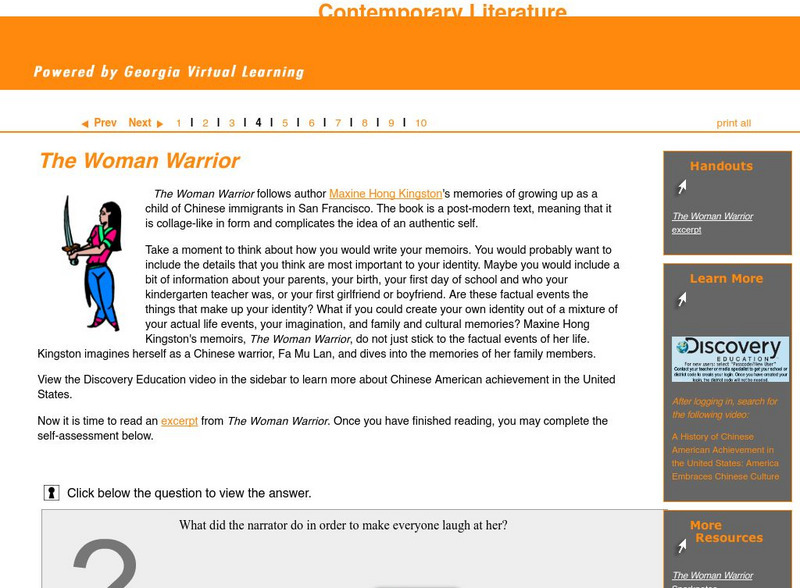 Ga Virtual Learning: Contemporary Nonfiction: The Woman Warrior Unit Plan Ga Virtual Learning: Contemporary Nonfiction: The Woman Warrior Unit Plan