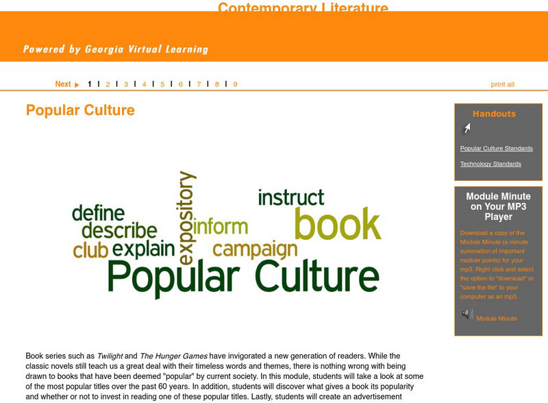 Ga Virtual Learning: Popular Culture Unit Plan Ga Virtual Learning: Popular Culture Unit Plan