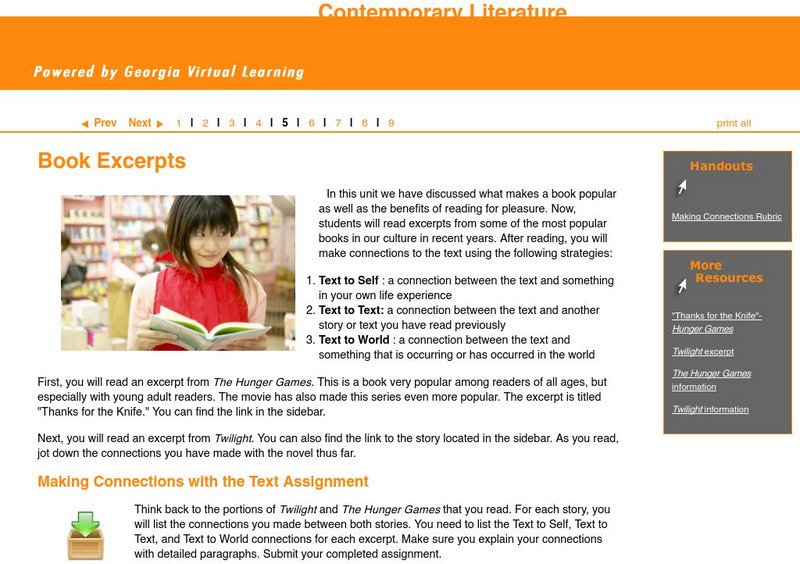 Ga Virtual Learning: Popular Culture: Book Excerpts Unit Plan Ga Virtual Learning: Popular Culture: Book Excerpts Unit Plan