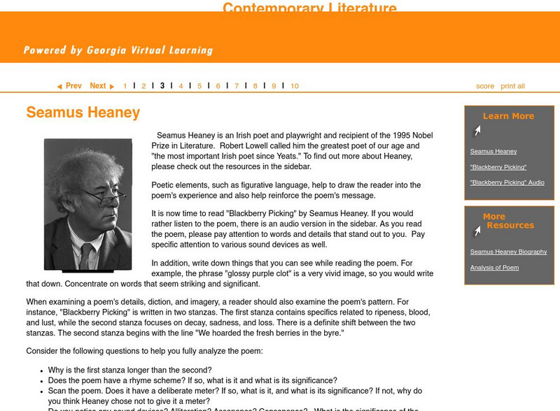 Ga Virtual Learning: Contemporary Literature: Modern Poet: Seamus Heaney Unit Plan Ga Virtual Learning: Contemporary Literature: Modern Poet: Seamus Heaney Unit Plan