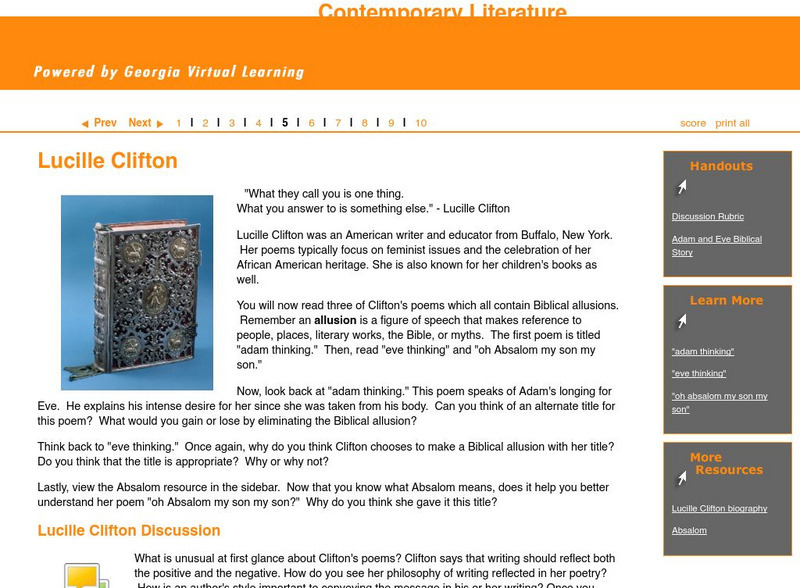 Ga Virtual Learning: Contemporary Literature: The Modern Poet: Lucille Clifton Unit Plan