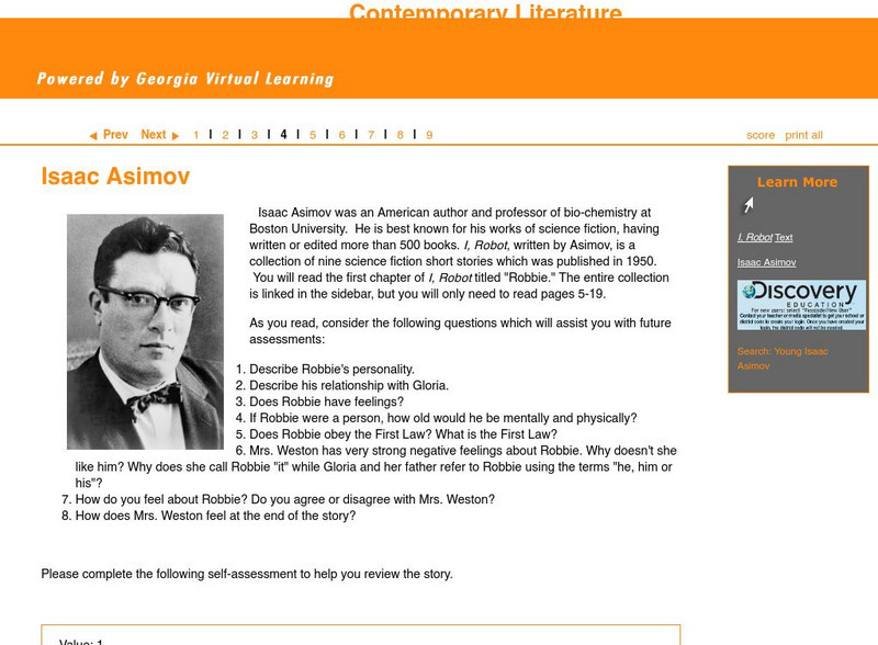 Ga Virtual Learning: Fantasy and Science Fiction: Isaac Asimov Unit Plan Ga Virtual Learning: Fantasy and Science Fiction: Isaac Asimov Unit Plan