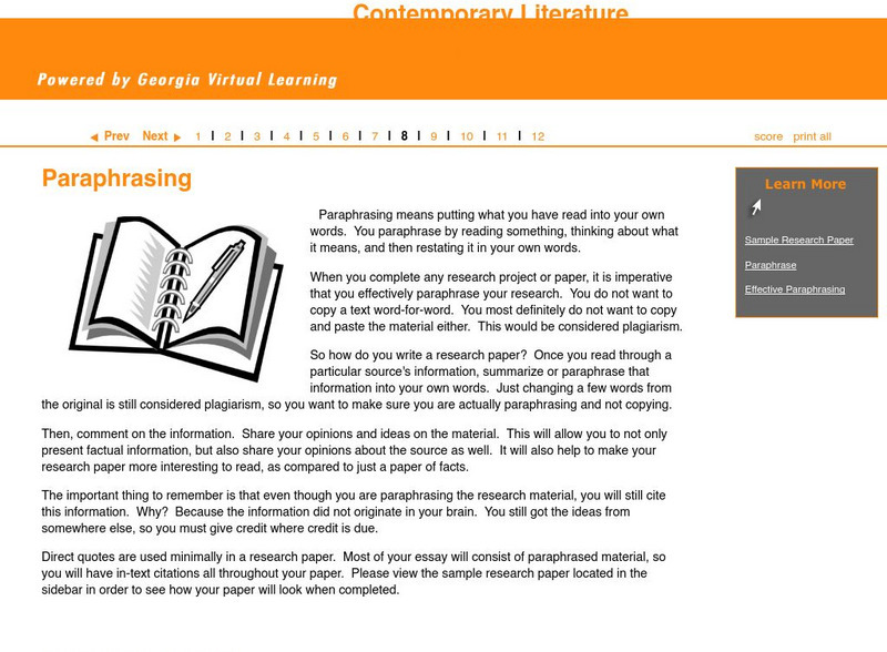 Ga Virtual Learning: Technology and the World Around Us: Paraphrasing Unit Plan Ga Virtual Learning: Technology and the World Around Us: Paraphrasing Unit Plan
