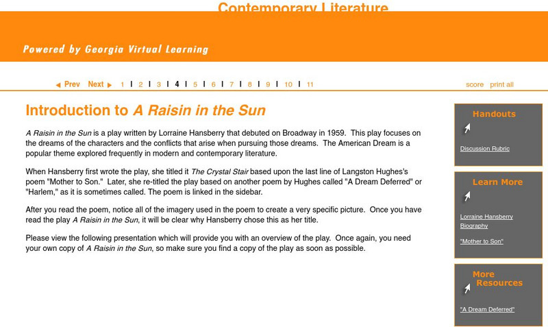 Ga Virtual Learning: Contemporary Drama: Introduction to a Raisin in the Sun Unit Plan Ga Virtual Learning: Contemporary Drama: Introduction to a Raisin in the Sun Unit Plan