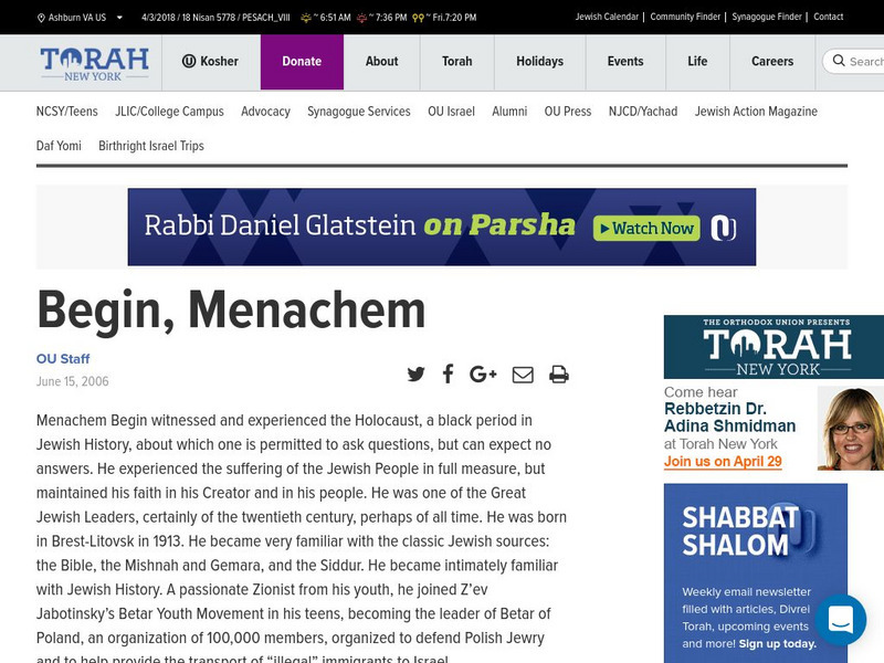 Orthodox Union: Menachem Begin Handout