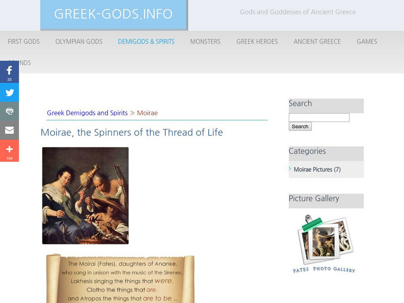 Greek Gods: Demigods & Spirits: Fates (Moirae) Handout Greek Gods: Demigods & Spirits: Fates (Moirae) Handout