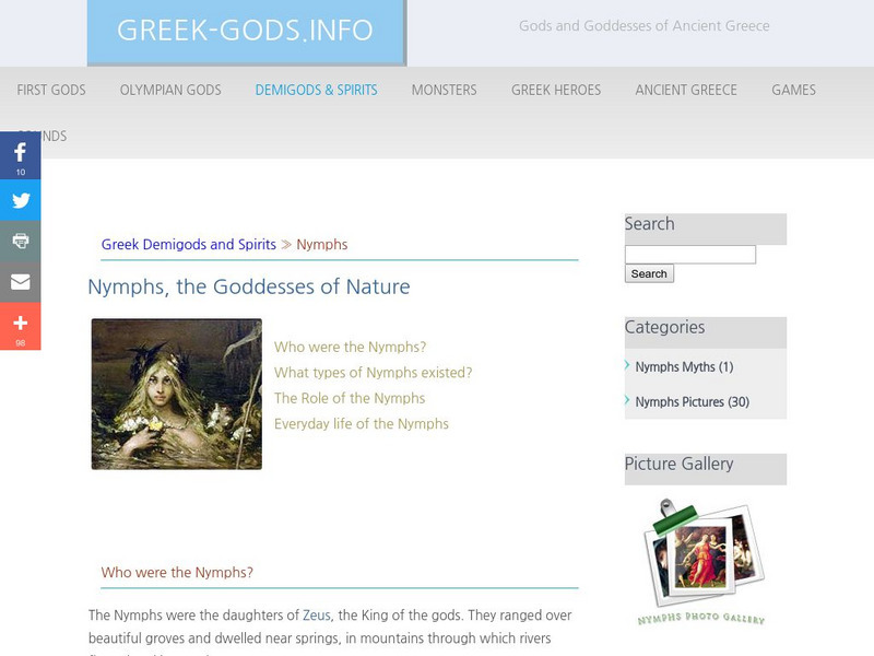 Greek Gods: Demigods & Spirits: Nymphs Handout Greek Gods: Demigods & Spirits: Nymphs Handout