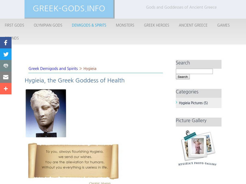 Greek Gods: Demigods & Spirits: Hygieia Handout