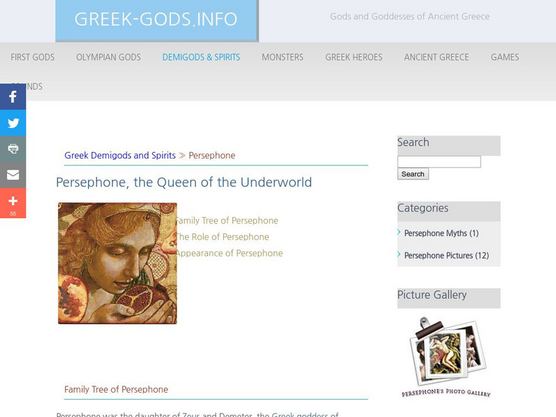 Greek Gods: Demigods & Spirits: Persephone Handout Greek Gods: Demigods & Spirits: Persephone Handout
