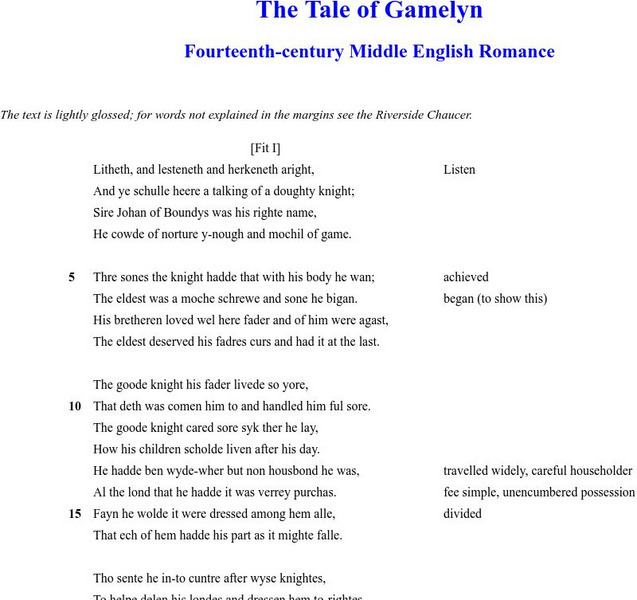The Harvard Chaucer Page: "The Tale of Gamelyn" Website The Harvard Chaucer Page: "The Tale of Gamelyn" Website
