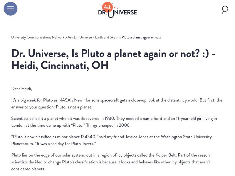 Washington State University: Ask Dr. Universe: Is Pluto a Planet Again or Not? Article Washington State University: Ask Dr. Universe: Is Pluto a Planet Again or Not? Article
