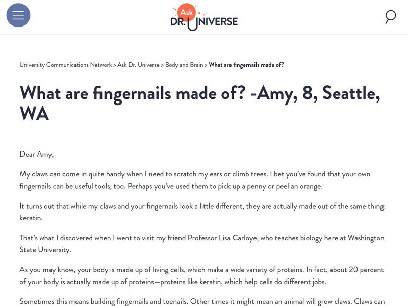 Washington State University: Ask Dr. Universe: What Are Fingernails Made Of? Article