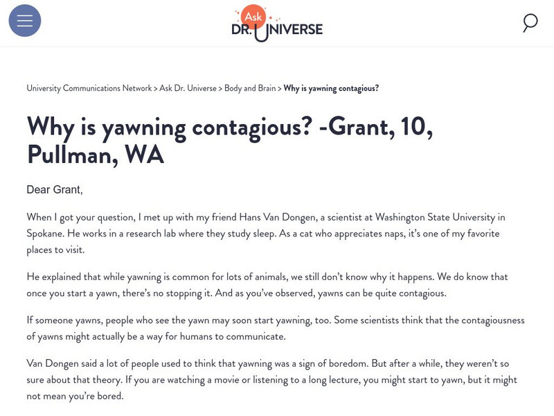 Washington State University: Ask Dr. Universe: Why Is Yawning Contagious? Article