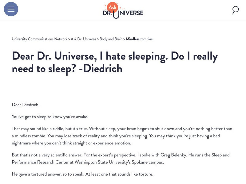 Washington State University: Ask Dr. Universe: Do I Really Need to Sleep? Article Washington State University: Ask Dr. Universe: Do I Really Need to Sleep? Article