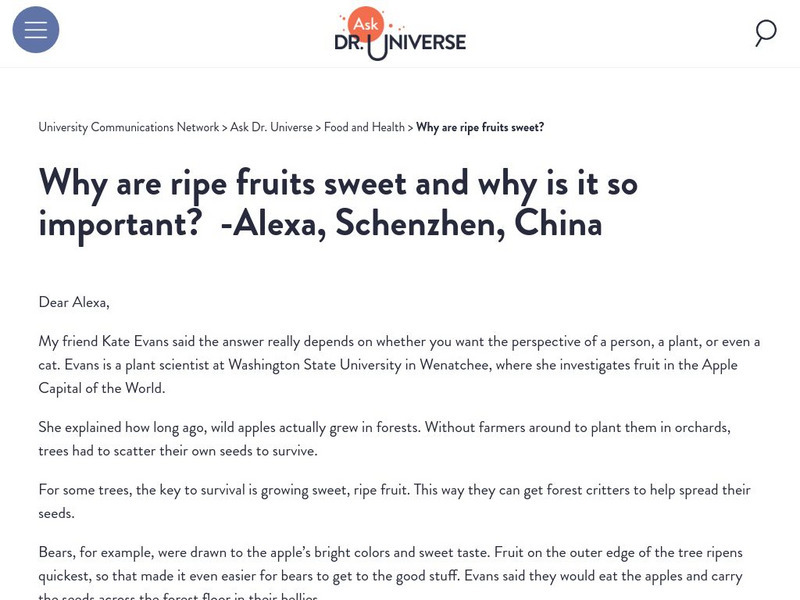 Washington State University: Ask Dr. Universe: Why Are Ripe Fruits Sweet? Article Washington State University: Ask Dr. Universe: Why Are Ripe Fruits Sweet? Article
