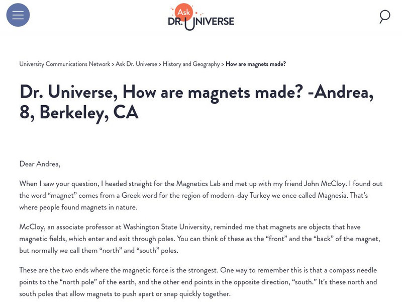 Washington State University: Ask Dr. Universe: How Are Magnets Made? Website