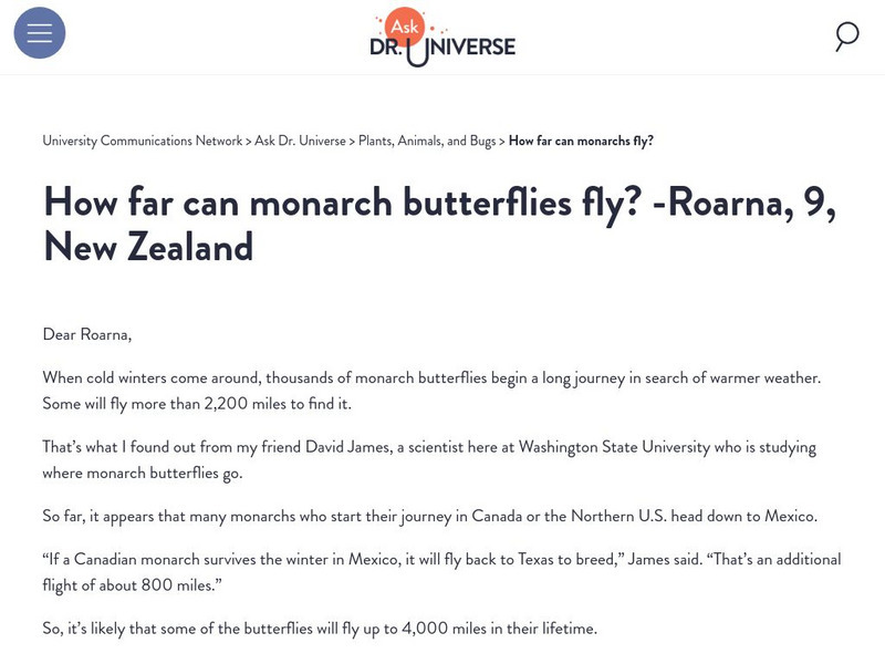 Washington State University: Ask Dr. Universe: How Far Can Monarchs Fly? Article Washington State University: Ask Dr. Universe: How Far Can Monarchs Fly? Article
