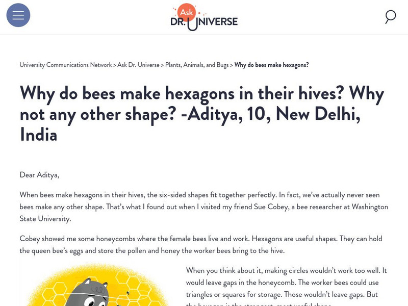 Washington State University: Ask Dr. Universe: Why Do Bees Make Hexagons? Article Washington State University: Ask Dr. Universe: Why Do Bees Make Hexagons? Article