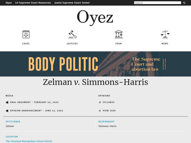 Oyez: Summary of Zelman v. Simmons Harris Handout Oyez: Summary of Zelman v. Simmons Harris Handout