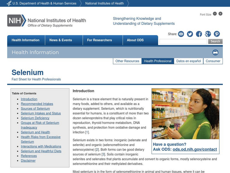 National Institutes of Health: Dietary Supplement Fact Sheet: Selenium Website