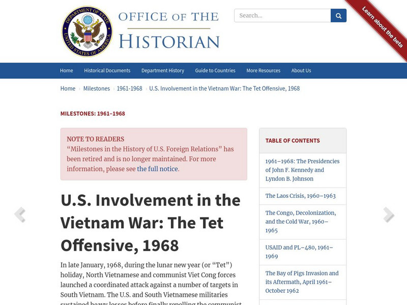 U.s. Involvement in the Vietnam War: The Tet Offensive, 1968 Article U.s. Involvement in the Vietnam War: The Tet Offensive, 1968 Article