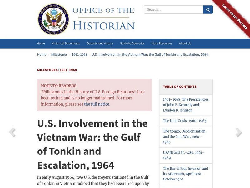 U.s. Involvement in the Vietnam War: The Gulf of Tonkin and Escalation, 1964 Article U.s. Involvement in the Vietnam War: The Gulf of Tonkin and Escalation, 1964 Article