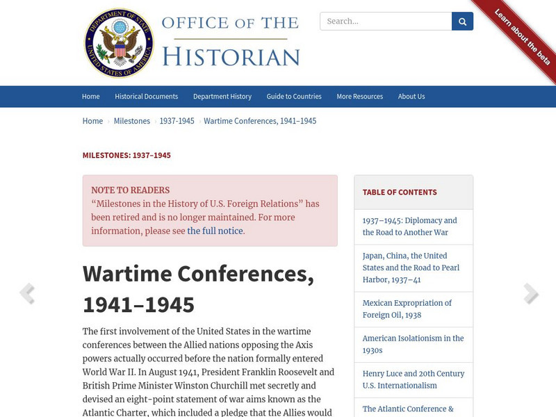Milestones: 1937 1945: Wartime Conferences, 1941 1945 Website Milestones: 1937 1945: Wartime Conferences, 1941 1945 Website