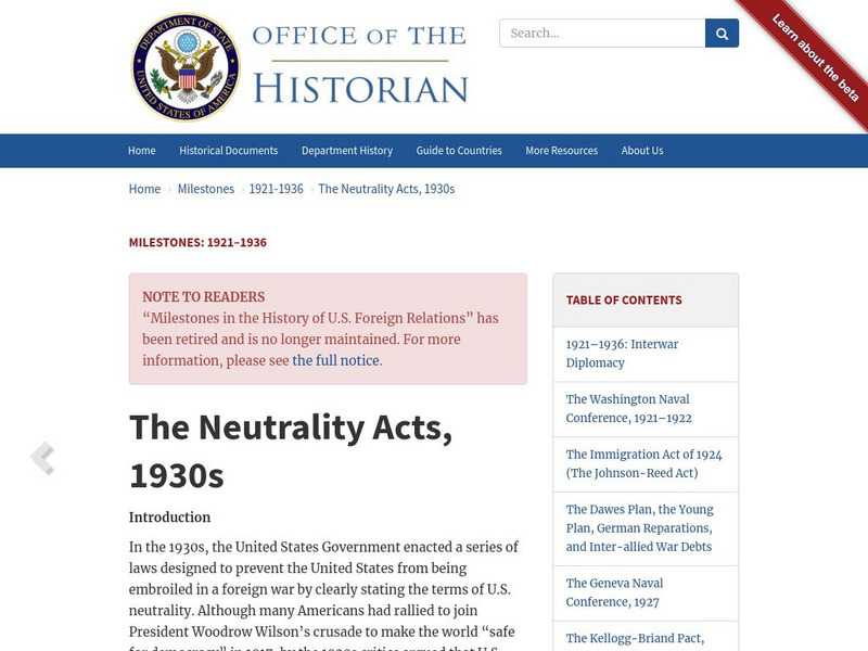 Office of the Historian: The Neutrality Acts, 1930s Website