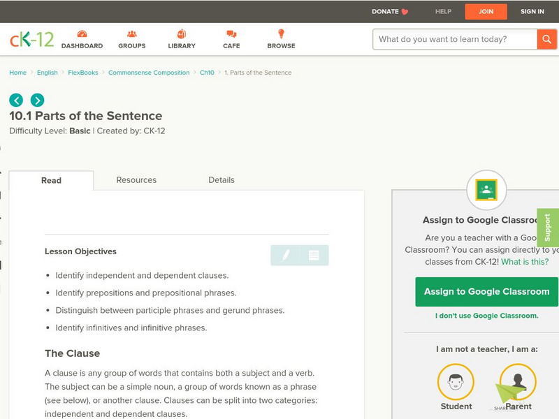 Ck 12: 10.1: Parts of the Sentence Website Ck 12: 10.1: Parts of the Sentence Website