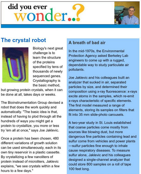 Berkeley Lab: Did You Ever Wonder? The Crystal Robot Handout Berkeley Lab: Did You Ever Wonder? The Crystal Robot Handout