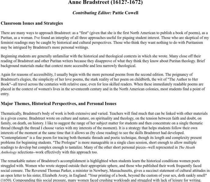 Heath Online Instructor's Guide: Anne Bradstreet Unit Plan Heath Online Instructor's Guide: Anne Bradstreet Unit Plan
