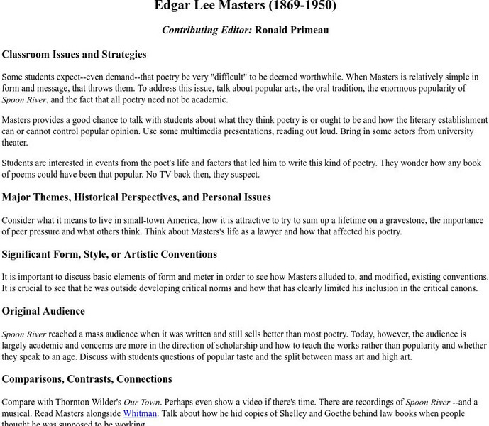 Georgetown University: Edgar Lee Masters (1869 1950) Unit Plan Georgetown University: Edgar Lee Masters (1869 1950) Unit Plan