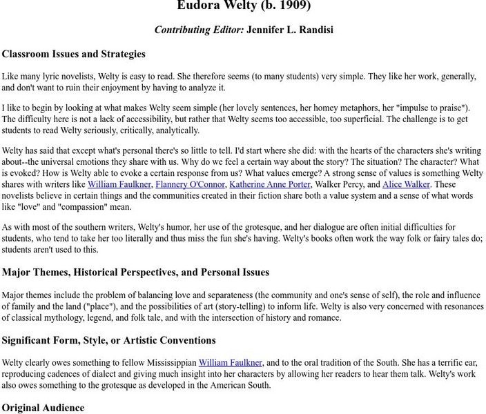 Georgetown University: Eudora Welty (B. 1909) Unit Plan Georgetown University: Eudora Welty (B. 1909) Unit Plan