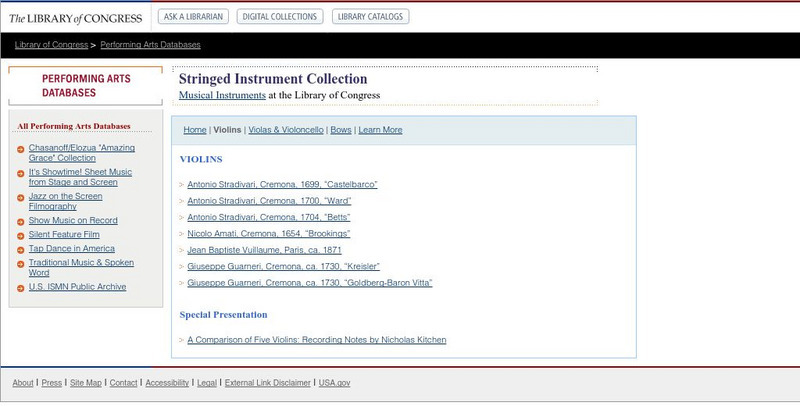 Loc: Performing Arts Encyclopedia: Stringed Instruments: Violin Website