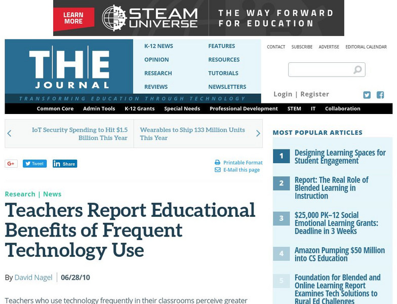 The Journal: Teachers Report Educational Benefits of Frequent Technology Use Article